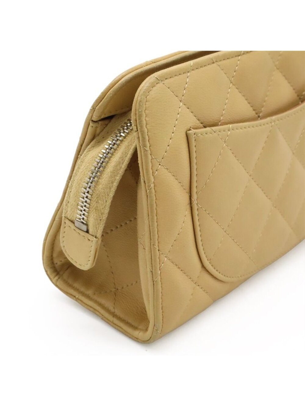 Chanel Quilted CC Logo Makeup Pouch Cosmetic Multi Case Lambskin Beige Silver - Picture 7 of 9